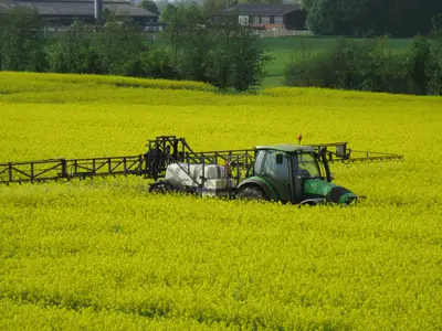Pflanzenschutzspritze im Rapsfeld